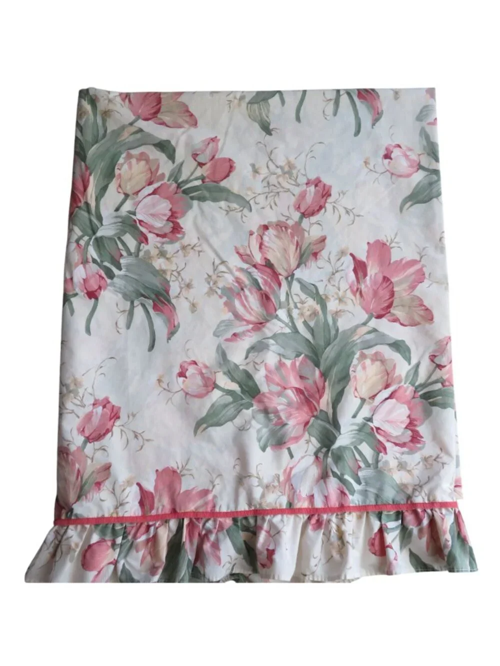 Vintage Waverly Garden Room Queen Flat Sheet Ruffled Hem Pink Floral Tulip USA